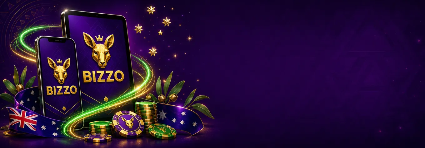 Bizzo Casino app with a golden kangaroo icon on a smartphone and tablet with Australian accents