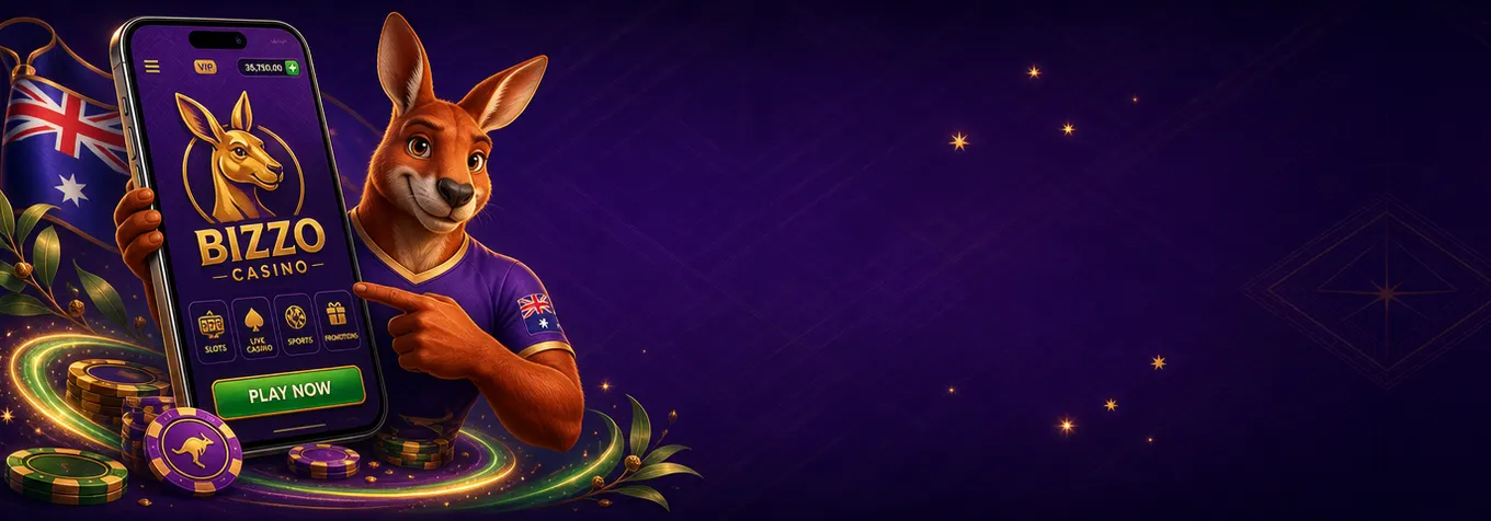 Bizzo Casino app with a golden kangaroo icon on a smartphone and tablet with Australian accents