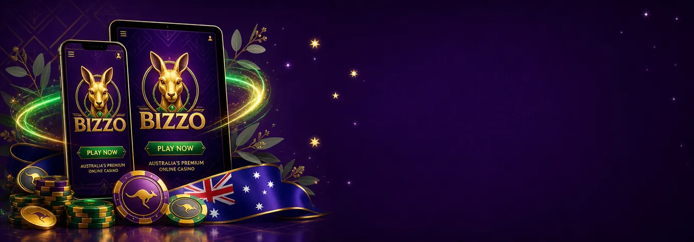 Bizzo Casino app with a golden kangaroo icon on a smartphone and tablet with Australian accents