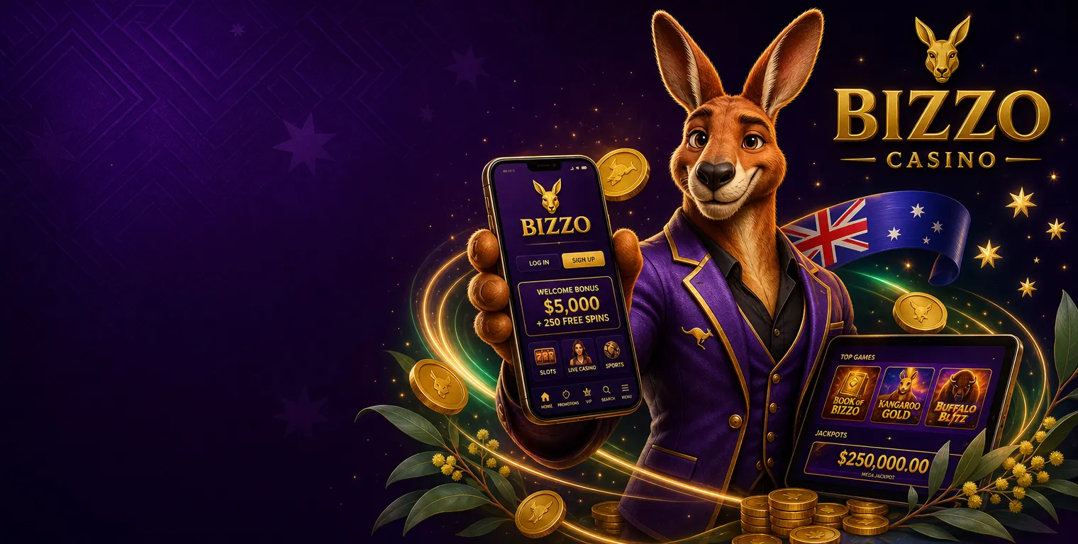 Bizzo Casino kangaroo mascot holding a smartphone with the casino app and a golden kangaroo icon