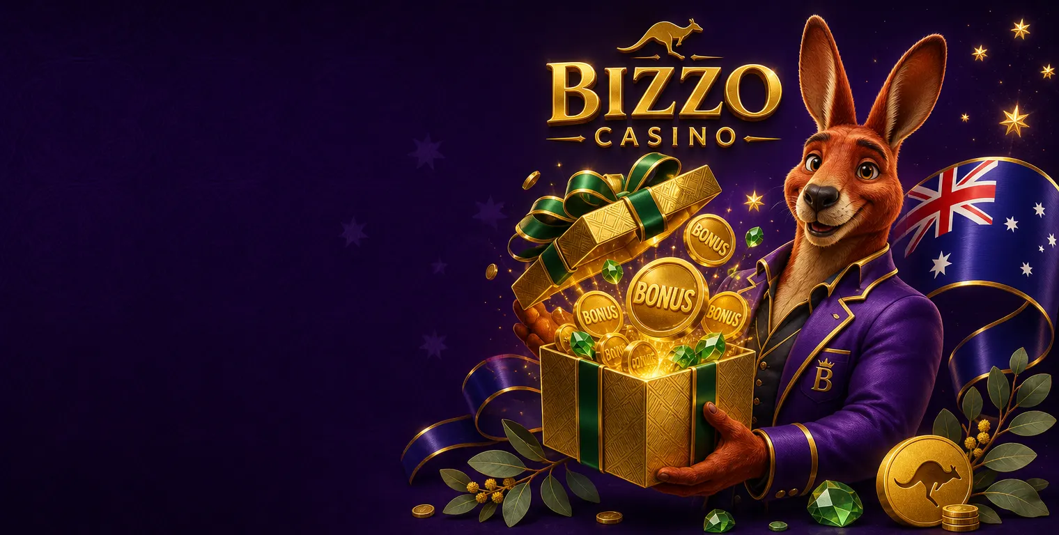 Bizzo Casino kangaroo mascot holding a golden gift box with an Australian flag ribbon