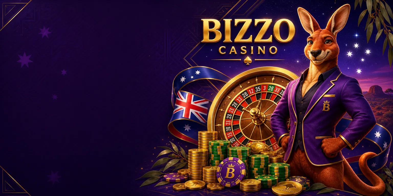 Bizzo Casino kangaroo mascot in a purple jacket beside a golden roulette wheel with Australian flag ribbon and Southern Cross stars
