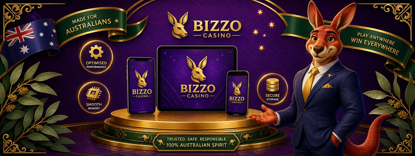 Compatible devices for Bizzo Casino: a tablet and smartphones with the app on a golden podium