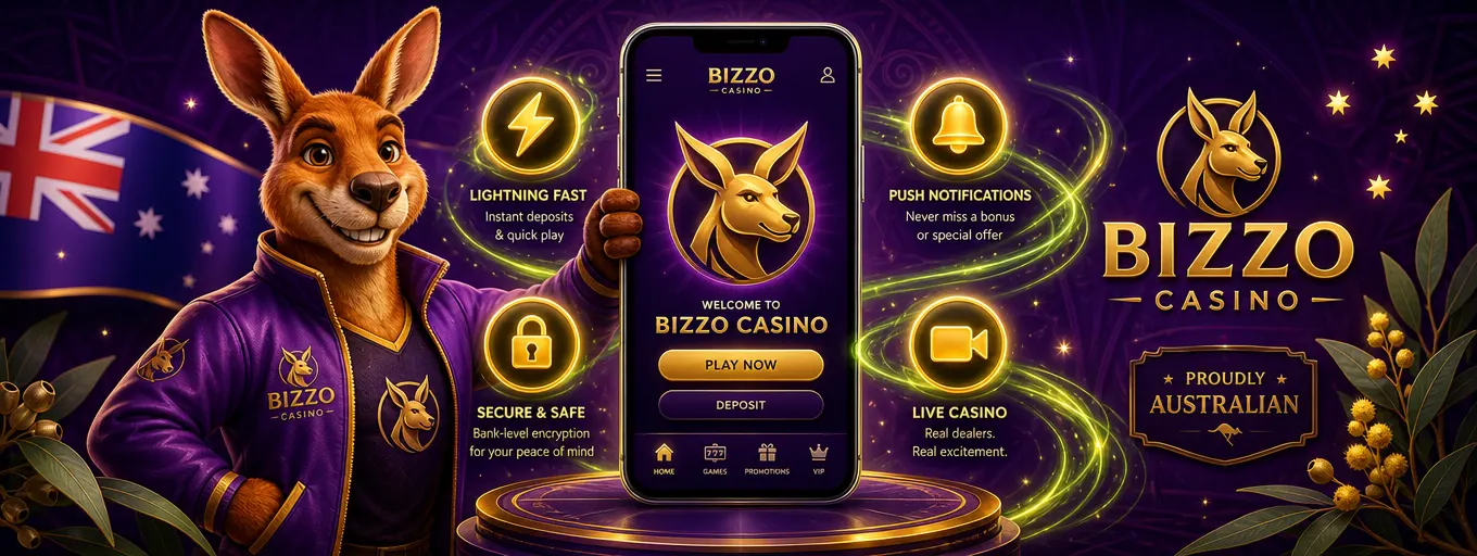 Bizzo Casino app features with golden icons for speed, notifications, security and live video