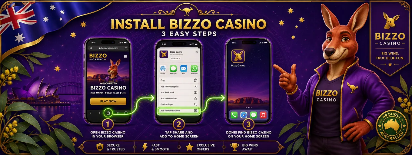 Bizzo Casino app installation steps on three smartphone screens with a golden kangaroo app icon
