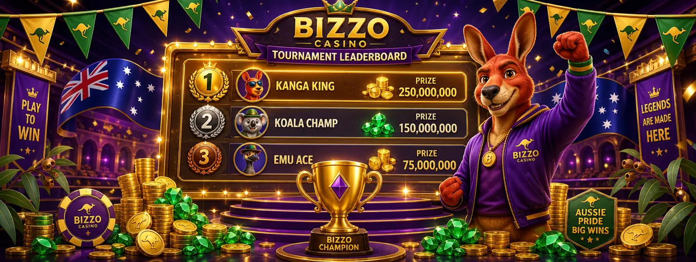 Bizzo Casino tournament leaderboard with a golden trophy and celebrating kangaroo mascot