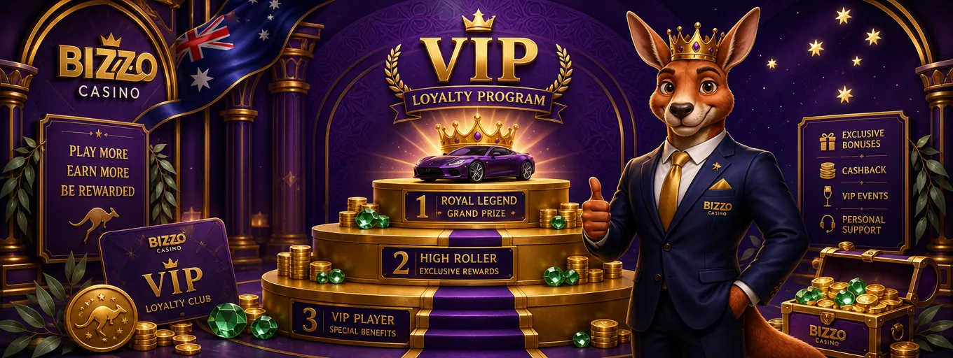 Bizzo Casino VIP program podium with a golden crown and sports car grand prize