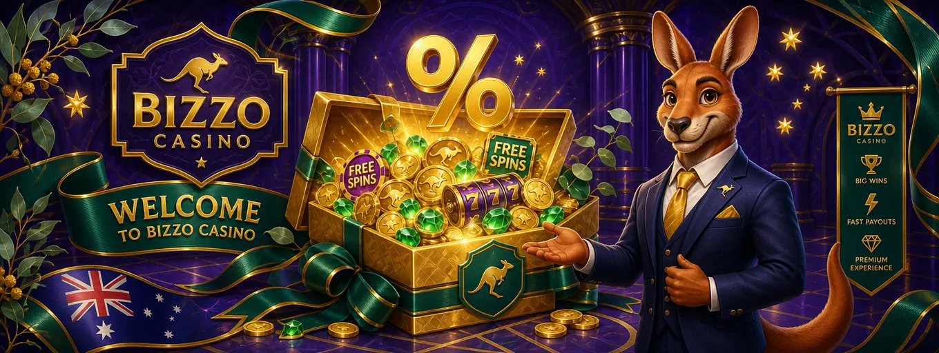 Golden Bizzo Casino gift box overflowing with coins and gems, presented by the kangaroo mascot