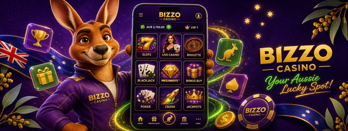 Bizzo Casino kangaroo mascot holding a smartphone with a grid of casino game tiles