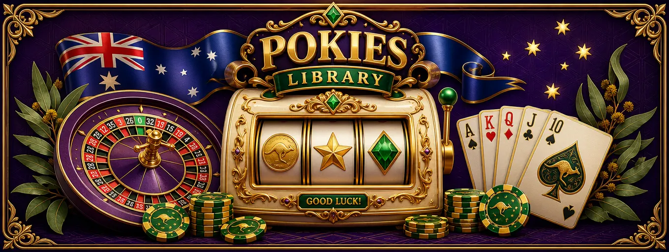 Bizzo Casino online slots library with a golden pokie machine, roulette wheel and playing cards