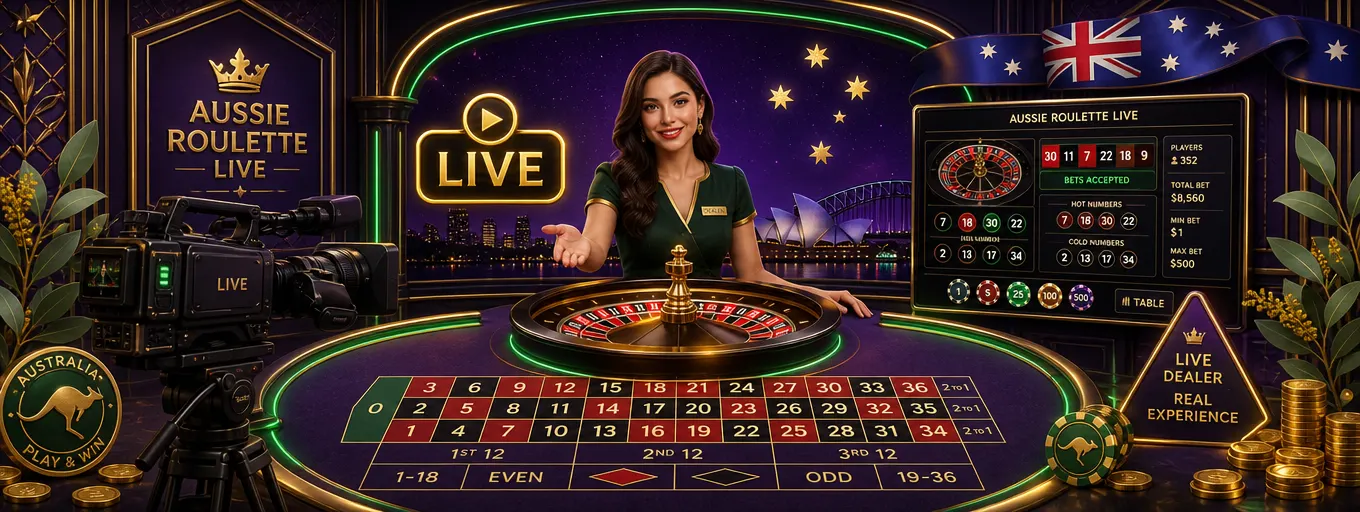 Bizzo Casino live dealer studio with a glowing roulette table, camera and LIVE badge