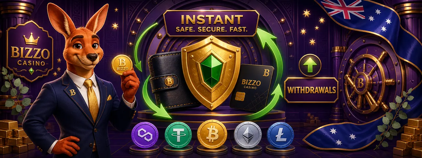 Bizzo Casino secure payment methods with a golden shield, bank card and payment tokens