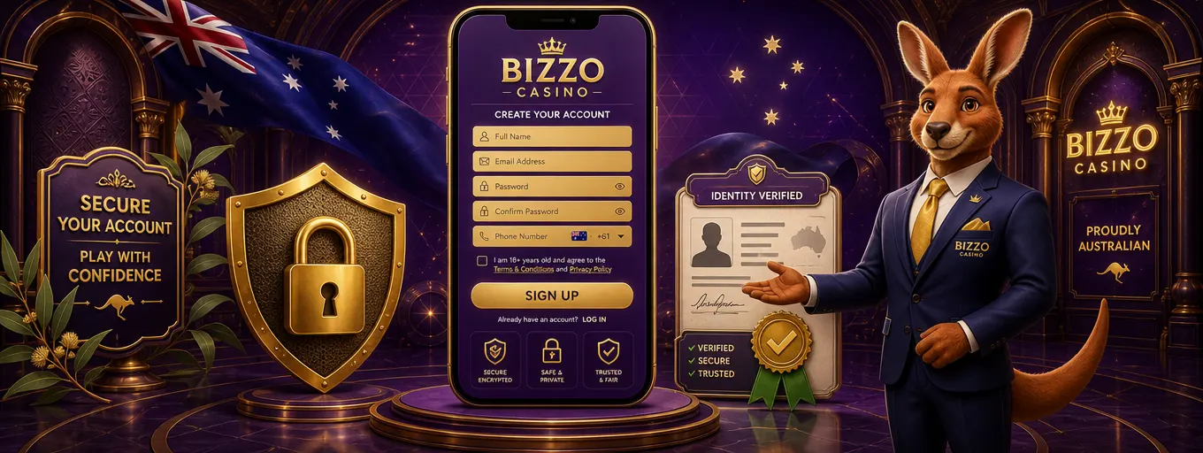 Bizzo Casino sign-up form on a phone with a golden shield and verified document, presented by the kangaroo mascot